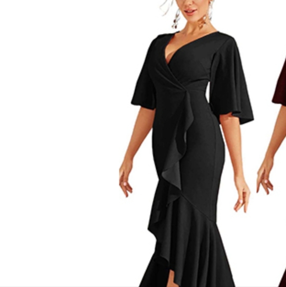 Bcbgmaxazria black ruffle tall dress ,Open Sleeves V-Neck Wrap Dress - Picture 7 of 7